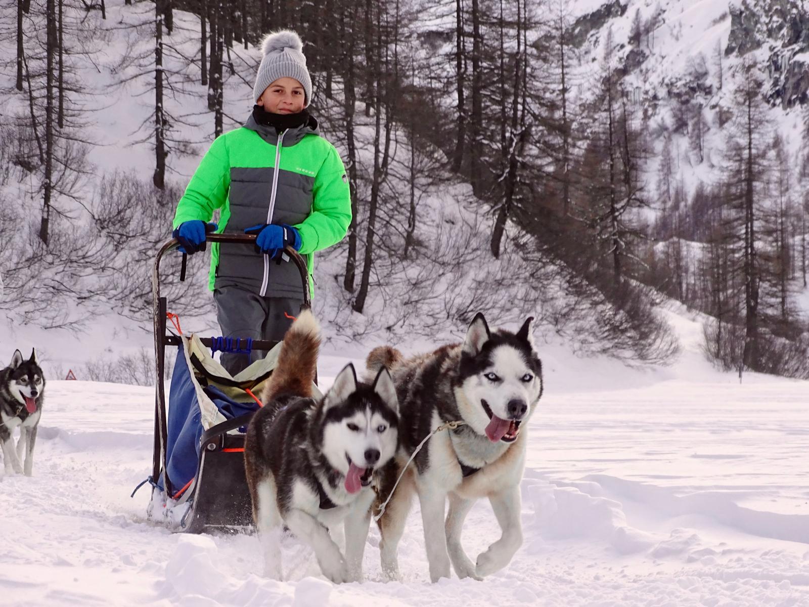 Bambini durante un'escursione sleddog sulla neve a Cervinia
